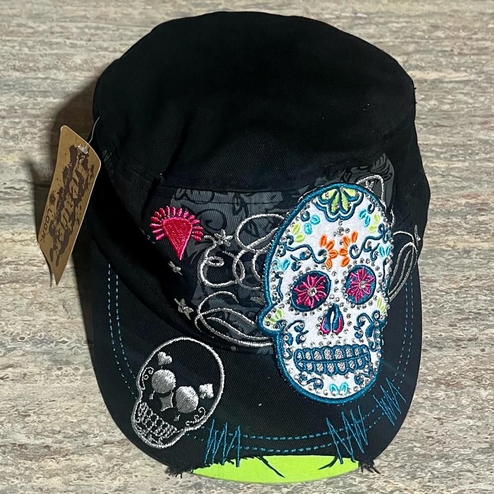 NWT Black Embroidered Skulls 💀 and other graphic Cap/ hat